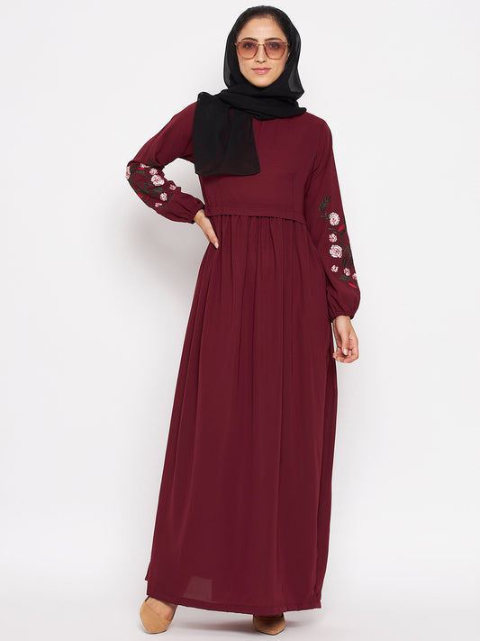 Maroon Chikan Hand Sleeve Embroidery Work Abaya for Women with Black Georgette Scarf