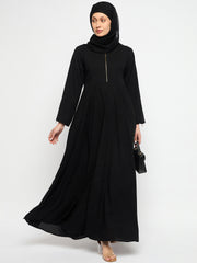 Zip Closure Black Abaya Dress For Women With Black Georgette Scarf