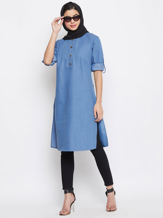 Blue Denim Cotton Solid Tunic Abaya for Women with Black Stole