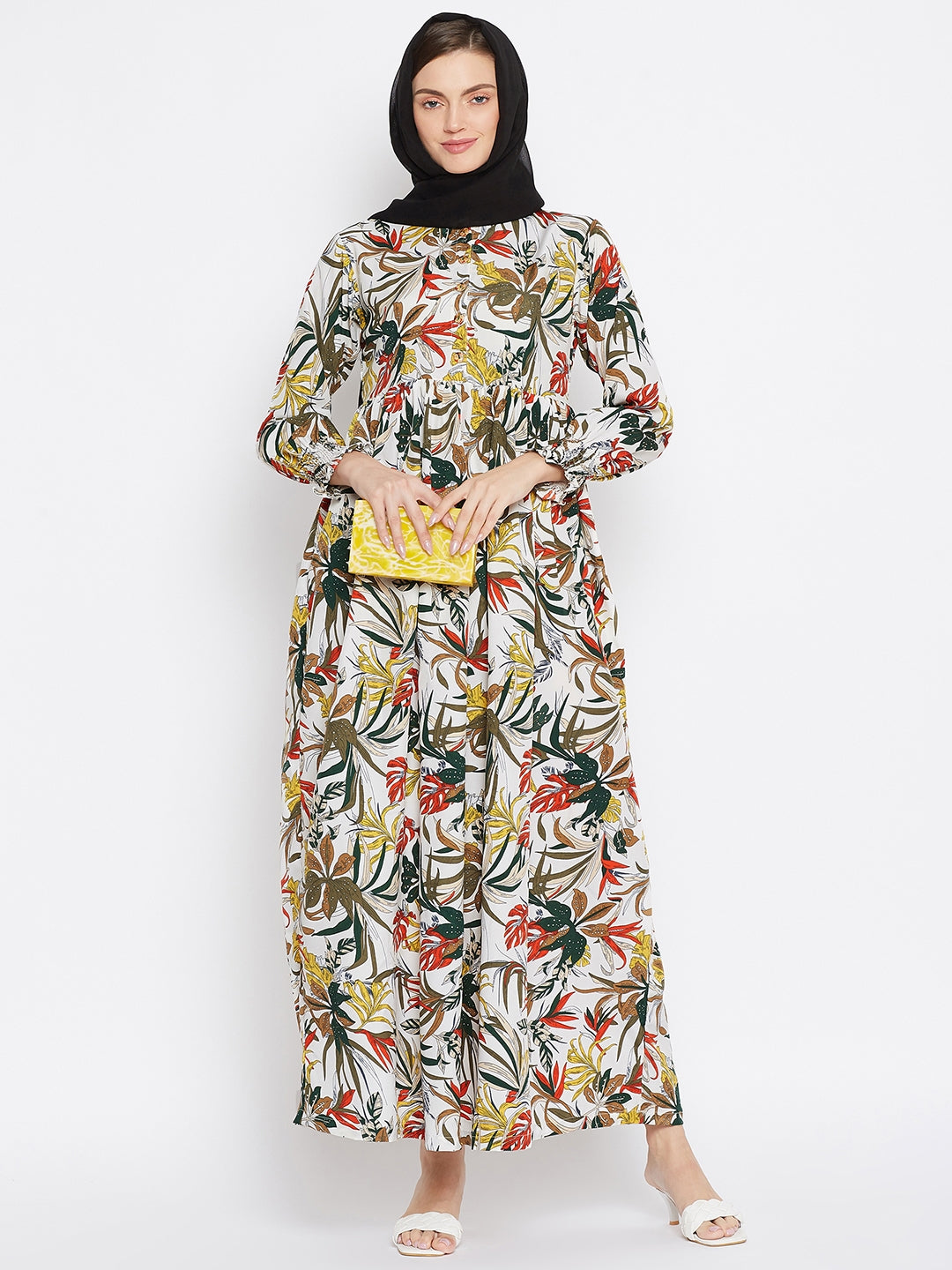 Off White Floral Printed Crepe Abaya Dress with Black Georgette Hijab