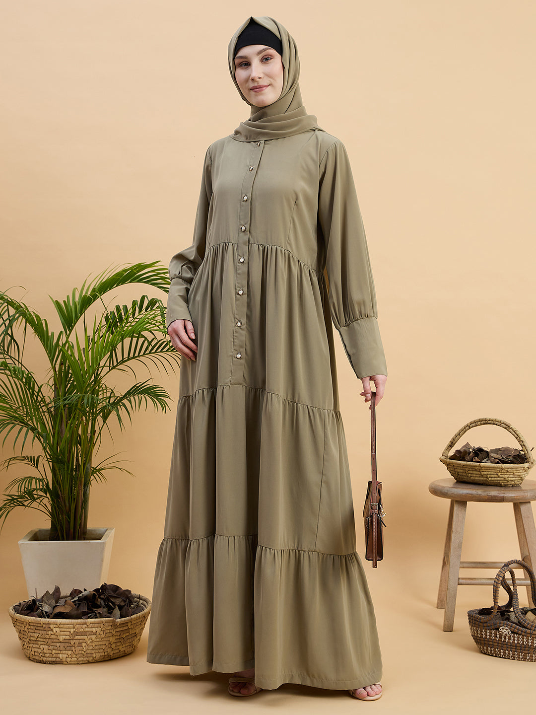 Modest Solid Beige Abaya Burqa with Matching Hijab