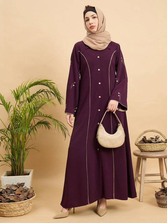 Front Open Modest Luxury Purple Abaya with Beige Hijab