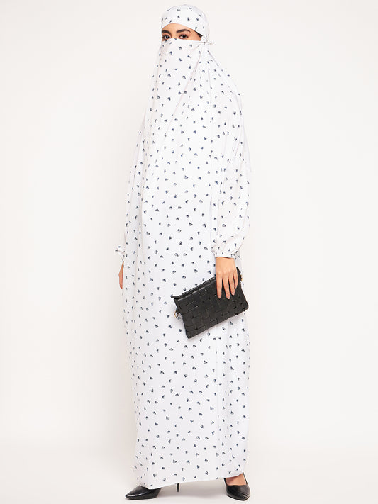White Printed One Piece Free Size Jilbab Abaya for Girls and Women
