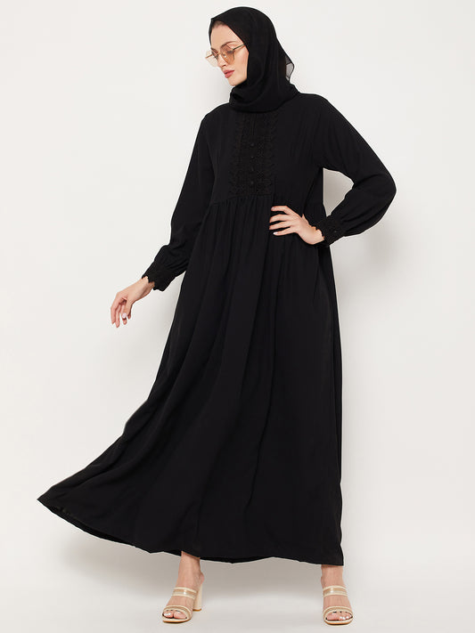 Black Solid Lace Work Design Abaya for Women with Black Georgette Scarf