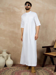 White Solid Half Sleeve Cotton Arabic Thobe/Jubba For Men