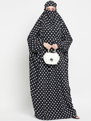 Black and White Polka Printed One Piece Free Size Jilbab for Girls and Women