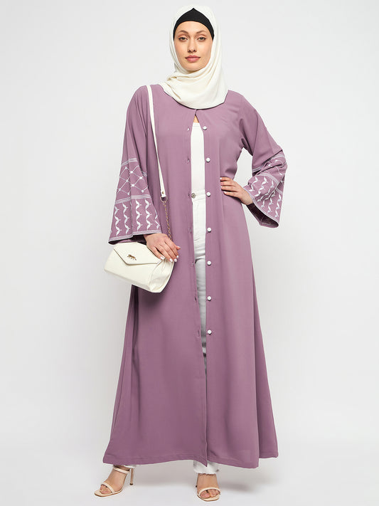 Front Open Pink Kefiyyeh Comfotable Embroidery Abaya With Black Hijab