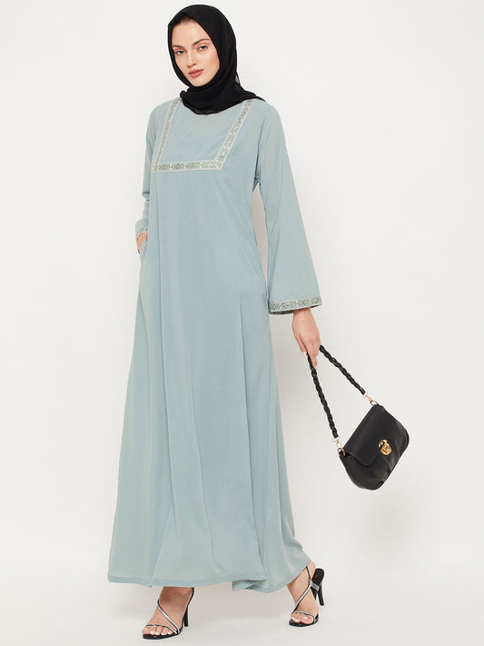 Sea Green Embroidery Design Abaya with Black Georgette Hijab