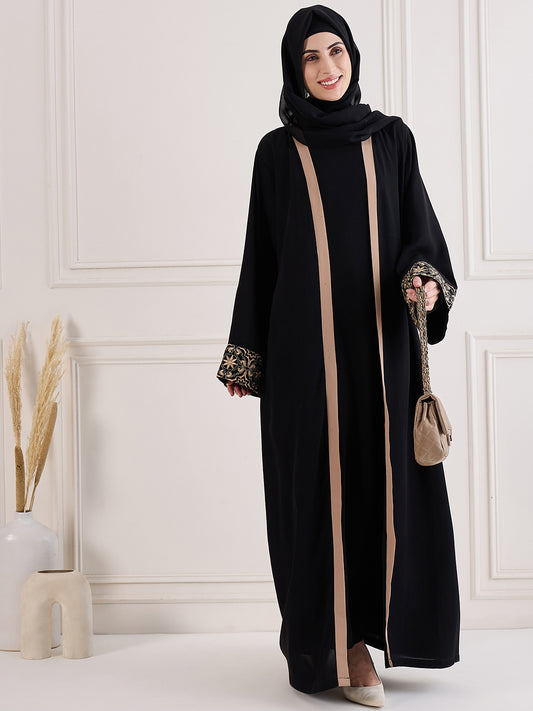 Black Solid Embroidery Detailing Shrug Set with Inner and Matching Black Hijab