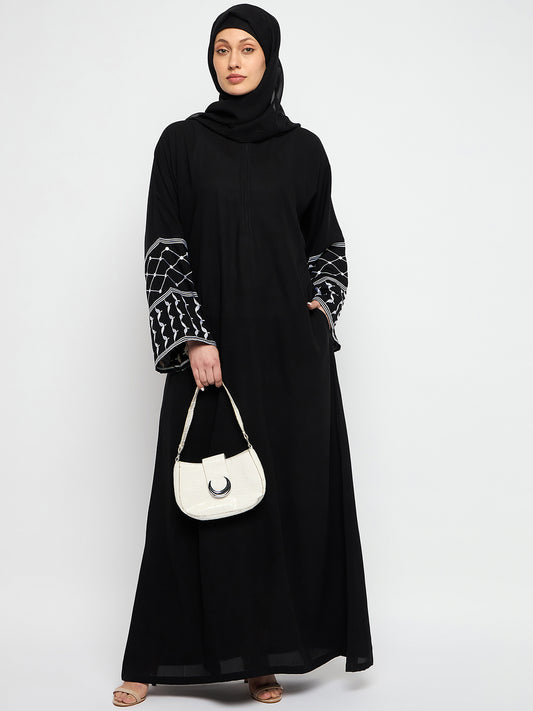 Black Kefiyyeh Embroidery Abaya With Black Hijab