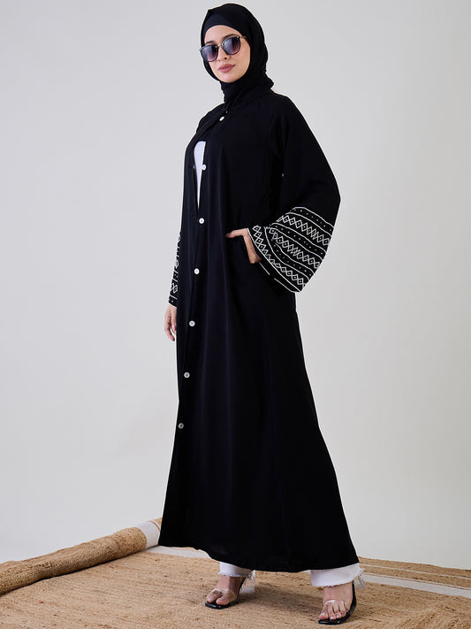 Hand Work Detailing Luxury Black Front Open Abaya Burqa For Women With Black Georgette Hijab