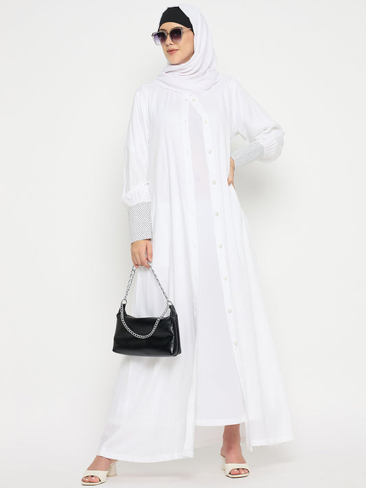 Front Open Rayon Bell Sleeve Solid White Abaya For Umarh / Hajj with Black Hijab