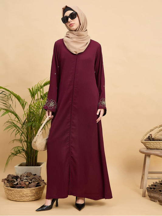 Luxury Hand worked Modest Maroon Abaya Burqa with Beige Hijab
