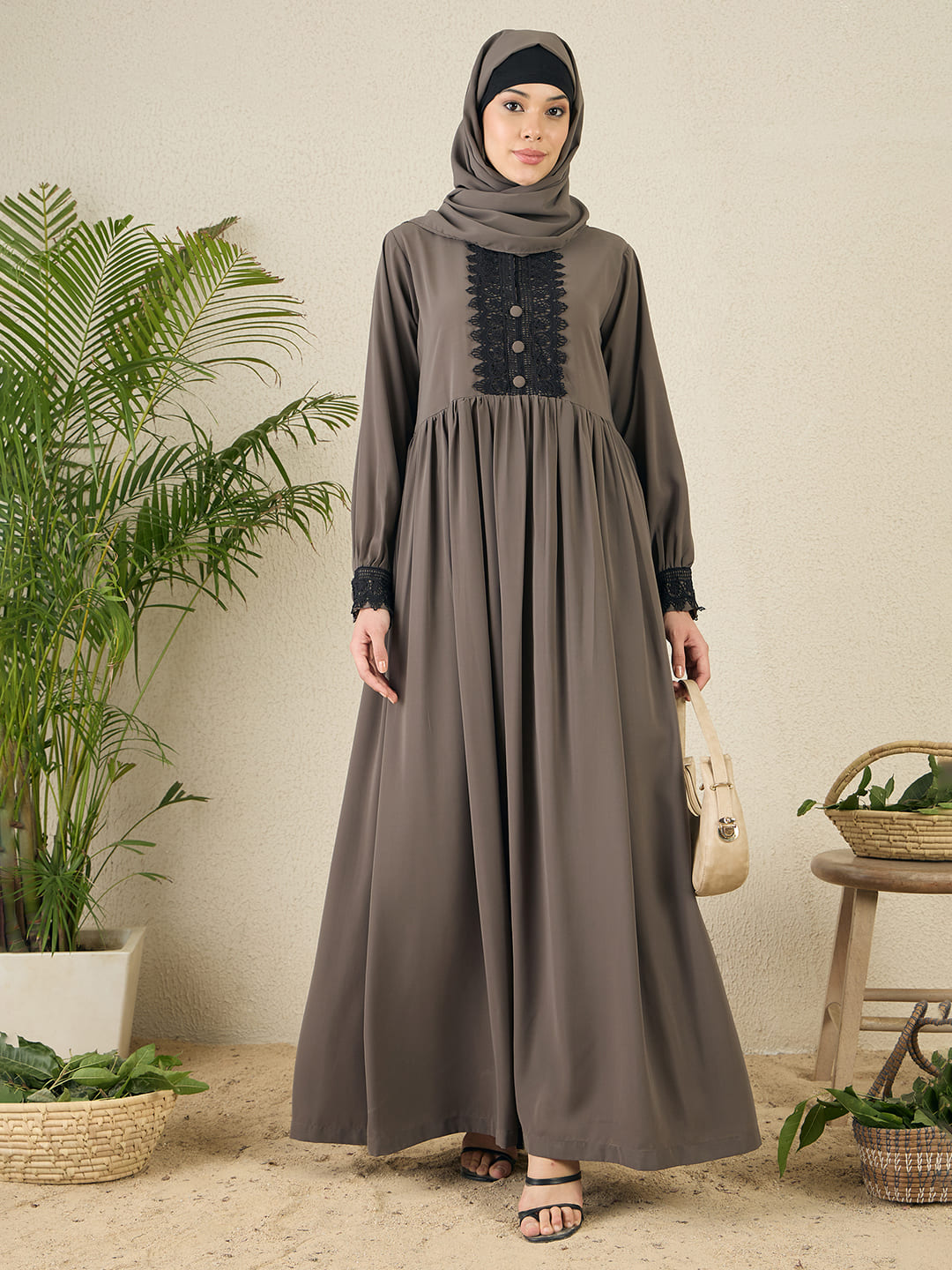Grey Lace Work Abaya Burqa with Matching hijab