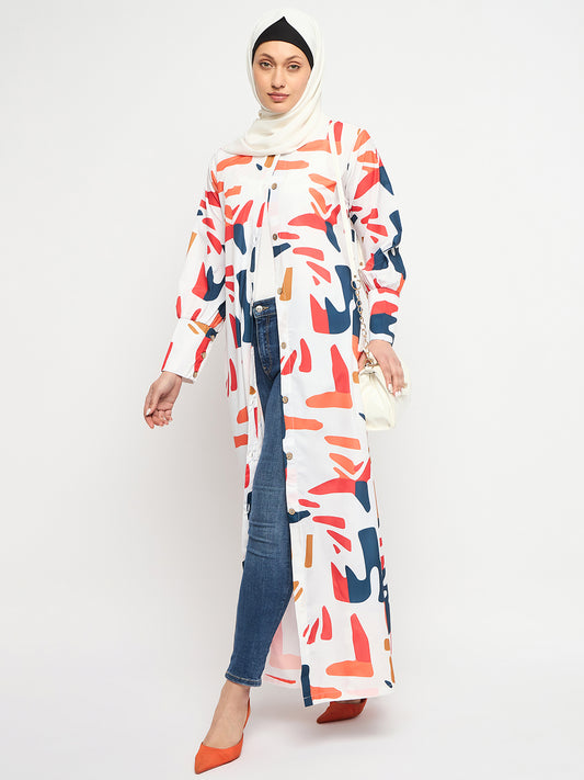 MultiColored Printed Front Open Abaya for Women with Black Georgette Scarf