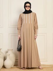 Handworked Beige Solid Luxury Abaya Burqa for Women with Black Georgette Hijab