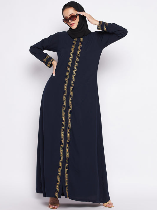 A-Line Blue Embroidery Design Abaya with Black Georgette Hijab