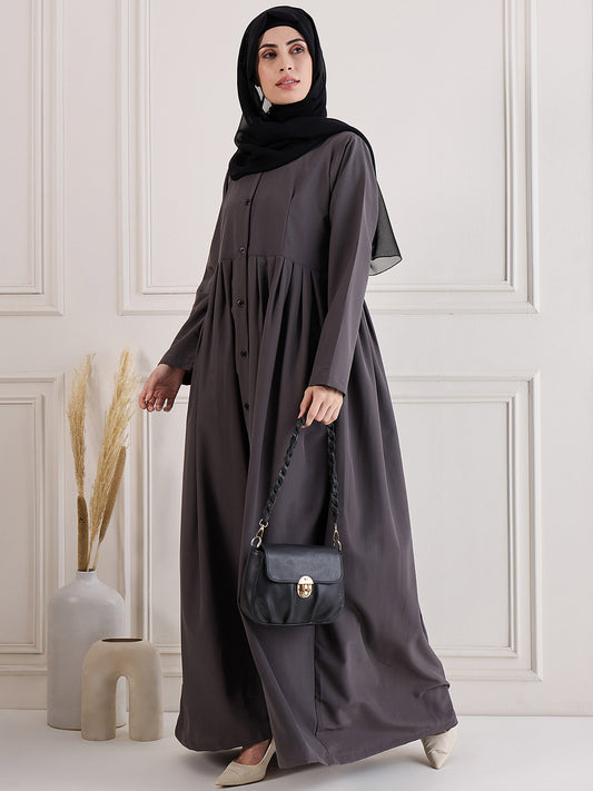 Front Open Grey Solid Kashibo Abaya Burqa With Black Georgette Hijab