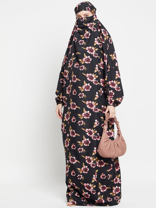 Black Floral Printed One Piece Free Size Jilbab for Girls and Women