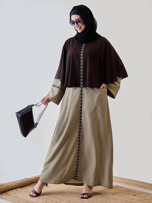 Embroidery Detailing Beige and Brown Abaya Burqa With Black Georgette Hijab