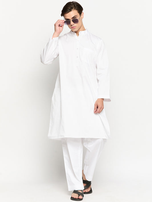 White Mandarin Collar Solid Men's Kurta Pajama Set
