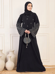 Black Solid Luxury Handworked Abaya Burqa for Women with Black Hijab