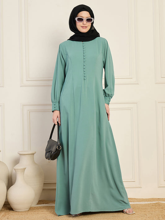 Sea Green A-line Solid Abaya Burqa With Black Georgette Hijab