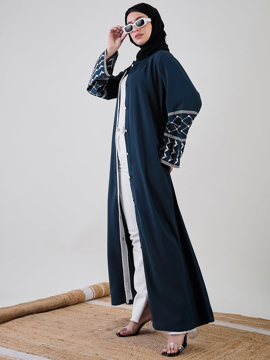 Front Open Bell Sleeves Kefiyyeh Embroidered Teal Abaya Burqa With Black Georgette Hijab