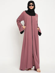 Pink A-Line Black Piping Design Abaya for Women with Black Georgette Hijab