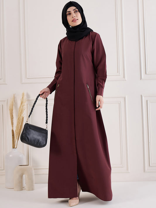 Front Open Maroon Solid Kashibo Abaya Burqa With Black Georgette Hijab