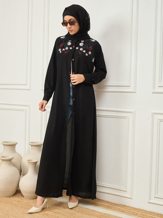 Front Open Embroidery Black Abaya/Burqa with Matching Georgette Hijab