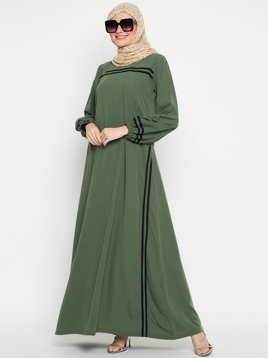 Jade Green and Black Piping Design A-Line Abaya for Women with Black Georgette Hijab