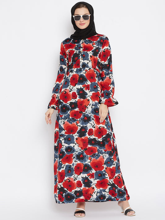 Red Floral Printed Crepe Abaya Dress with Black Georgette Hijab