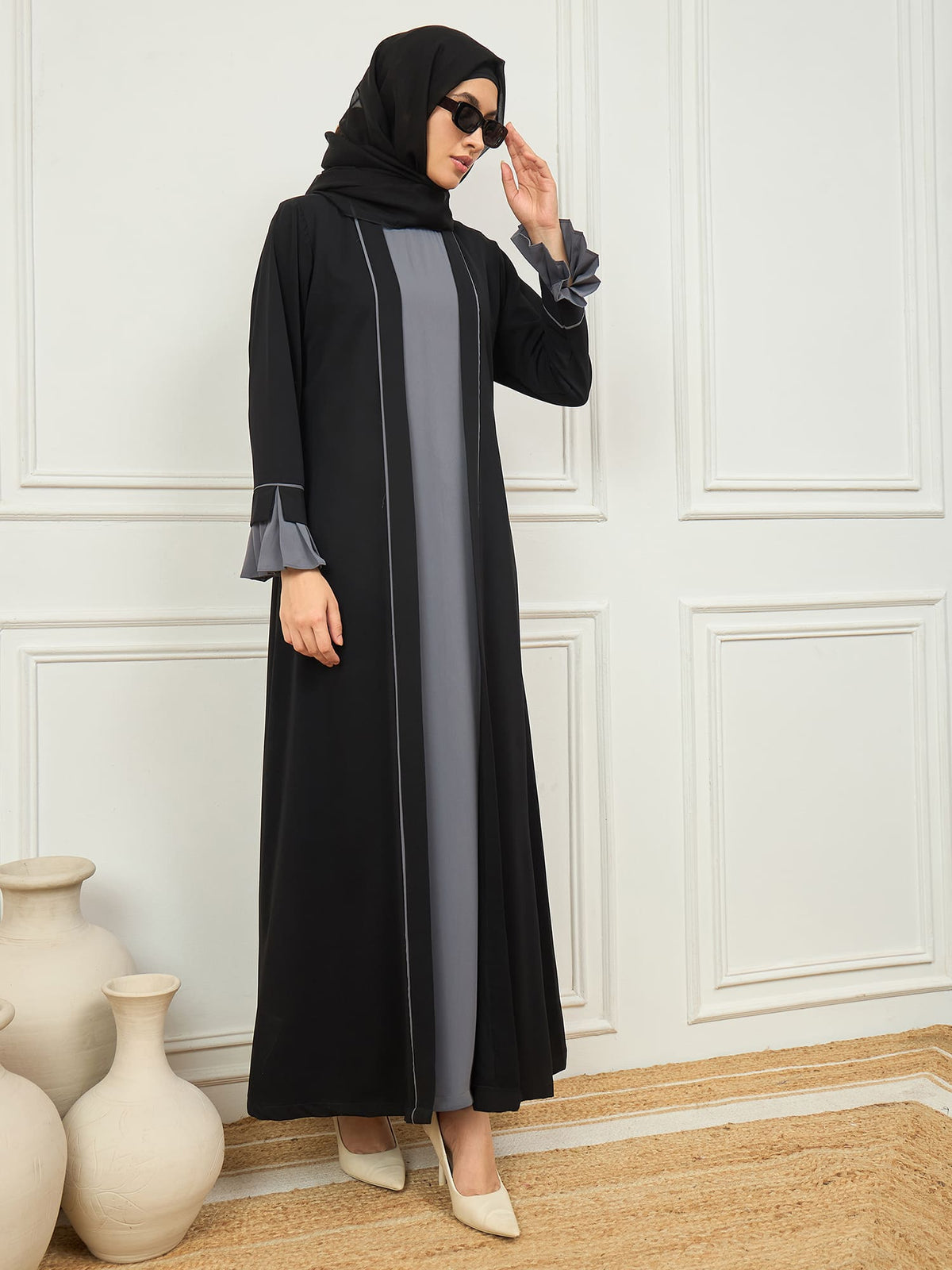 2 Piece Shrug Set Abaya with Black Georgette Hijab for Women