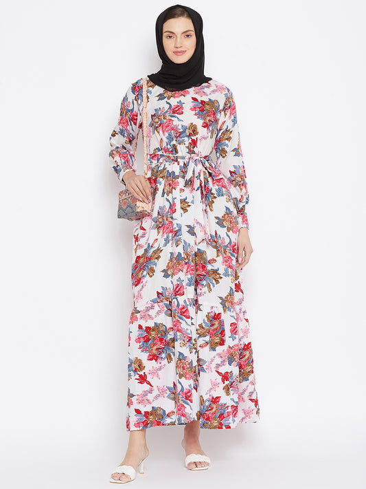 White Floral Printed Crepe Frill Abaya Dress for Women with Black Georgette Scarf