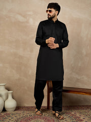 Black Solid Cotton Pathani Kurta Pajama Set For Men