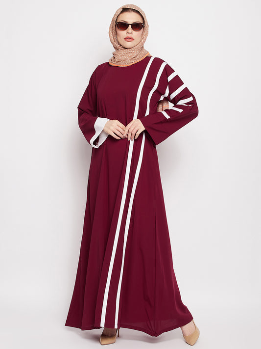 A-Line Piping Design Maroon Abaya for Women with Black Georgette Hijab