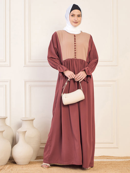 Two Color Rust and Beige Solid Abaya Burqa With White Georgette Hijab