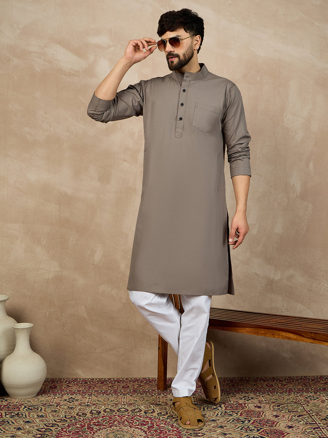 Grey Solid Mandarin Collar Cotton Kurta For Men