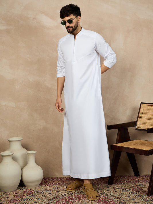 White Solid Cotton Mandarin Collar Arabic Thobe For Men