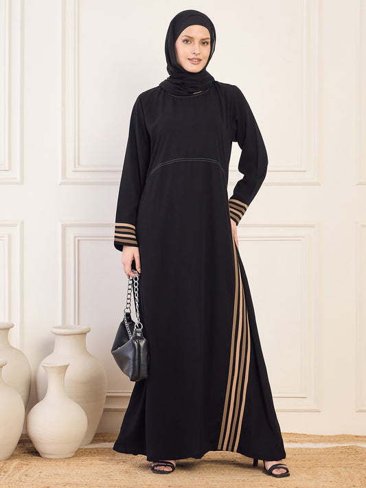 Piping Detailing A-line Black Solid Abaya Burqa For Women With Black Georgette Hijab