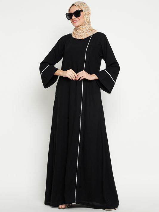 Black and White Piping Design A-Line Abaya for Women with Black Georgette Hijab