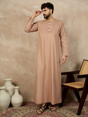 Beige Solid Plate Detailing Cotton Arabic Thobe For Men