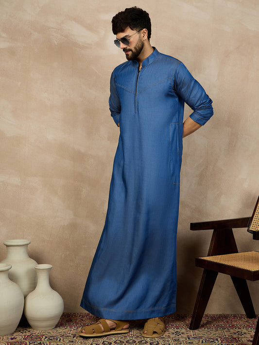 Blue Solid Denim Zip Closure Arabic Jubba / Thobe For Men