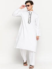 Embroidery Details Solid Straight Sleeves Mens White Kurta