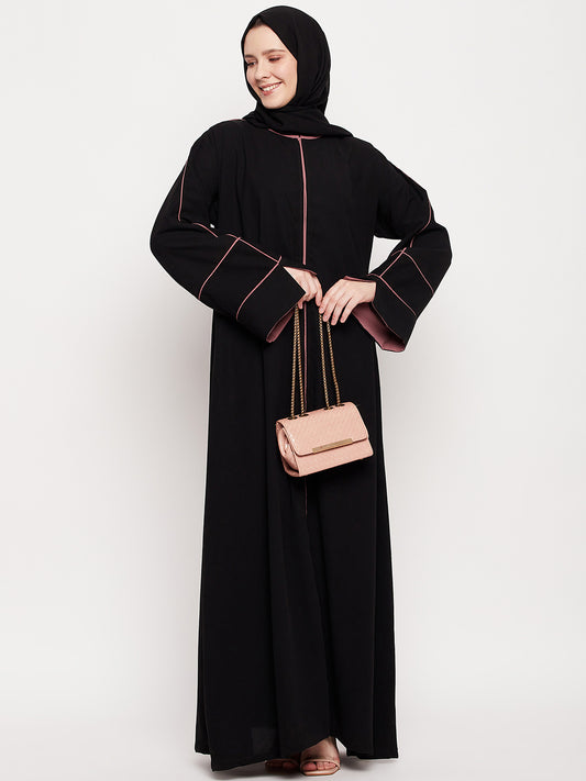 Black A-Line Pink Piping Design Abaya for Women with Black Georgette Hijab