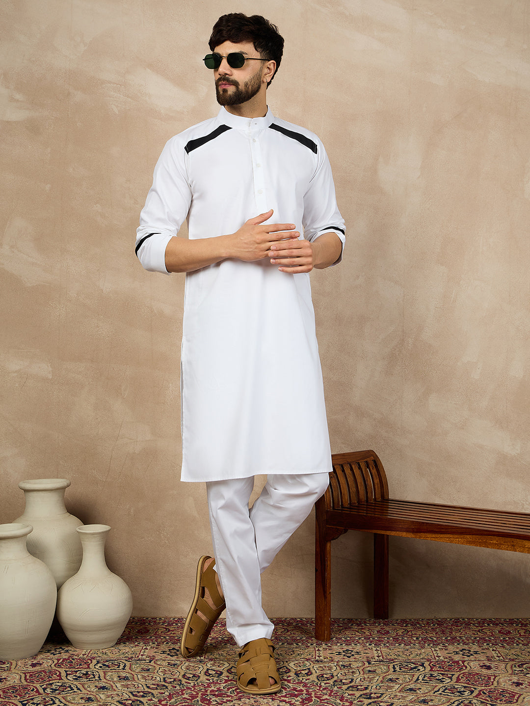 White Solid Piping Detailing Cotton Kurta and Pajama Set For Men