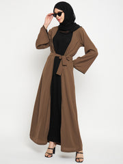 Inner Part Included Oat Solid Front Open Shrug with Black Georgette Hijab