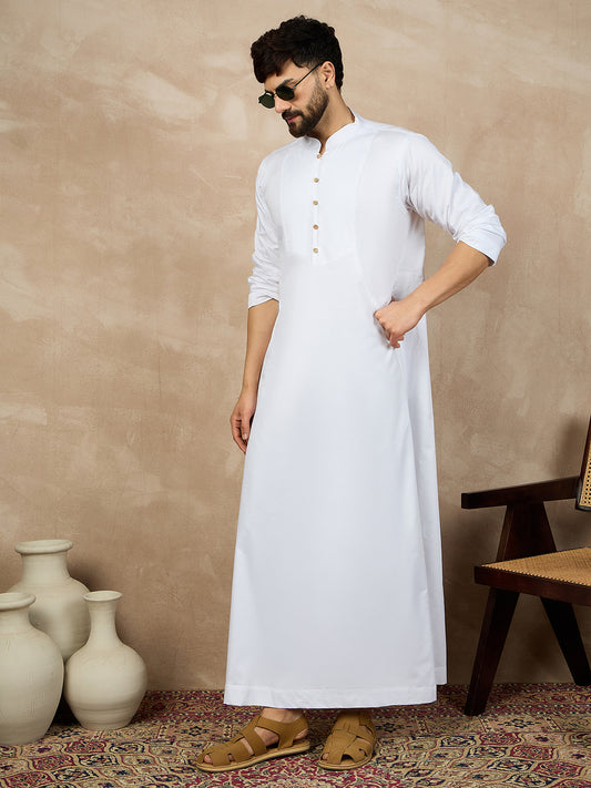 White Solid Arabic Cotton Thobe For Men