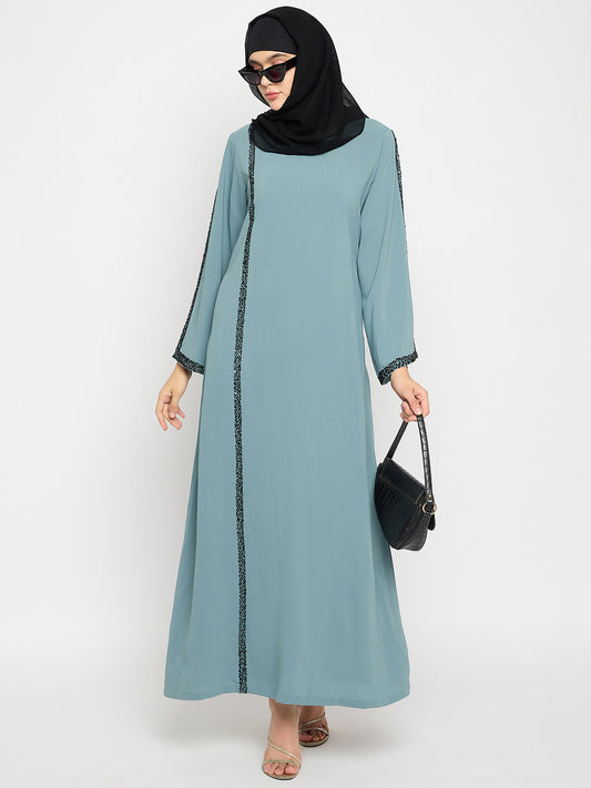 Hand Work Detailing Sea Green Solid Luxury Abaya Burqa Paired with Black Hijab